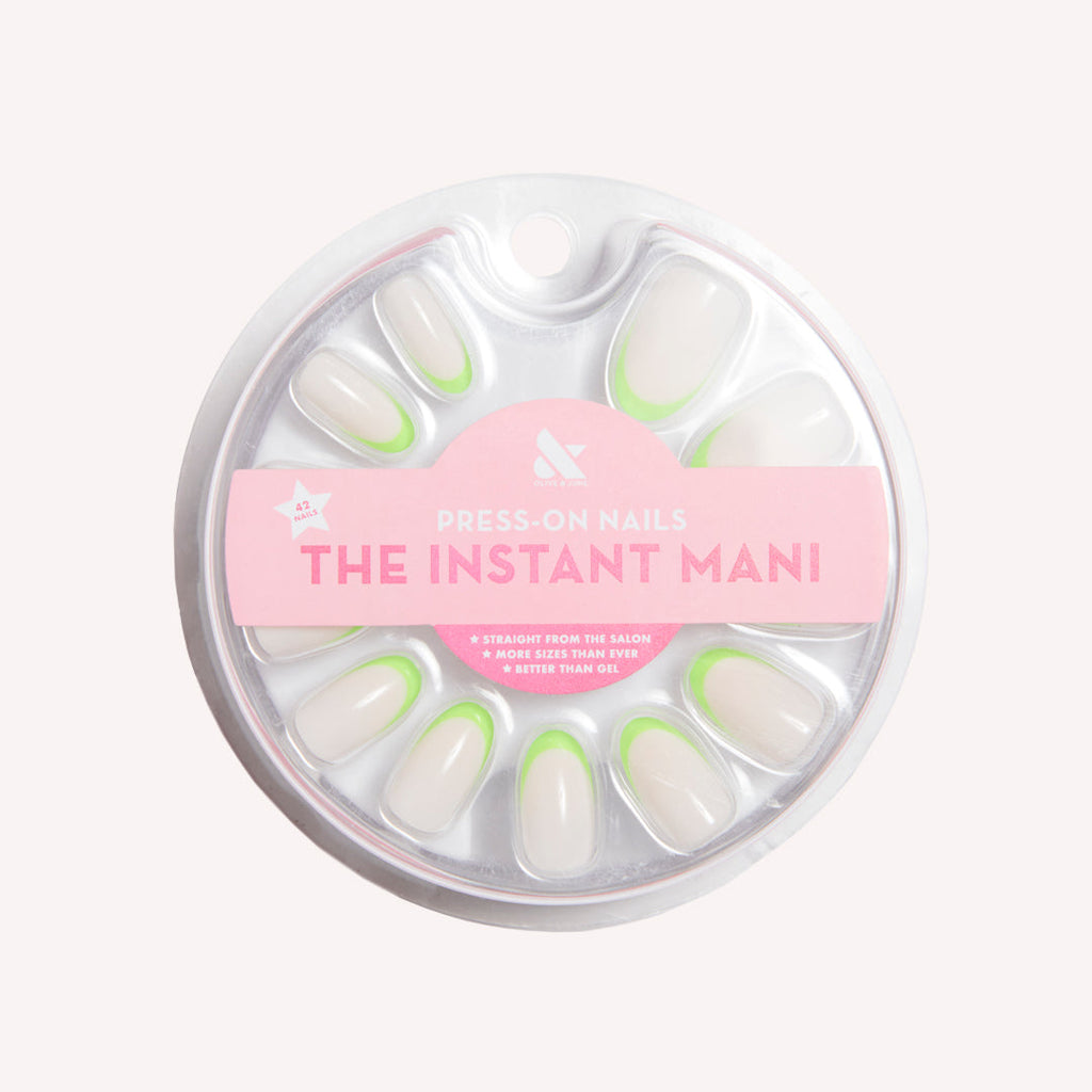 Neon Lime French | Oval | Medium press-on nails with neutral base and bright neon lime tips for easy at-home manicure