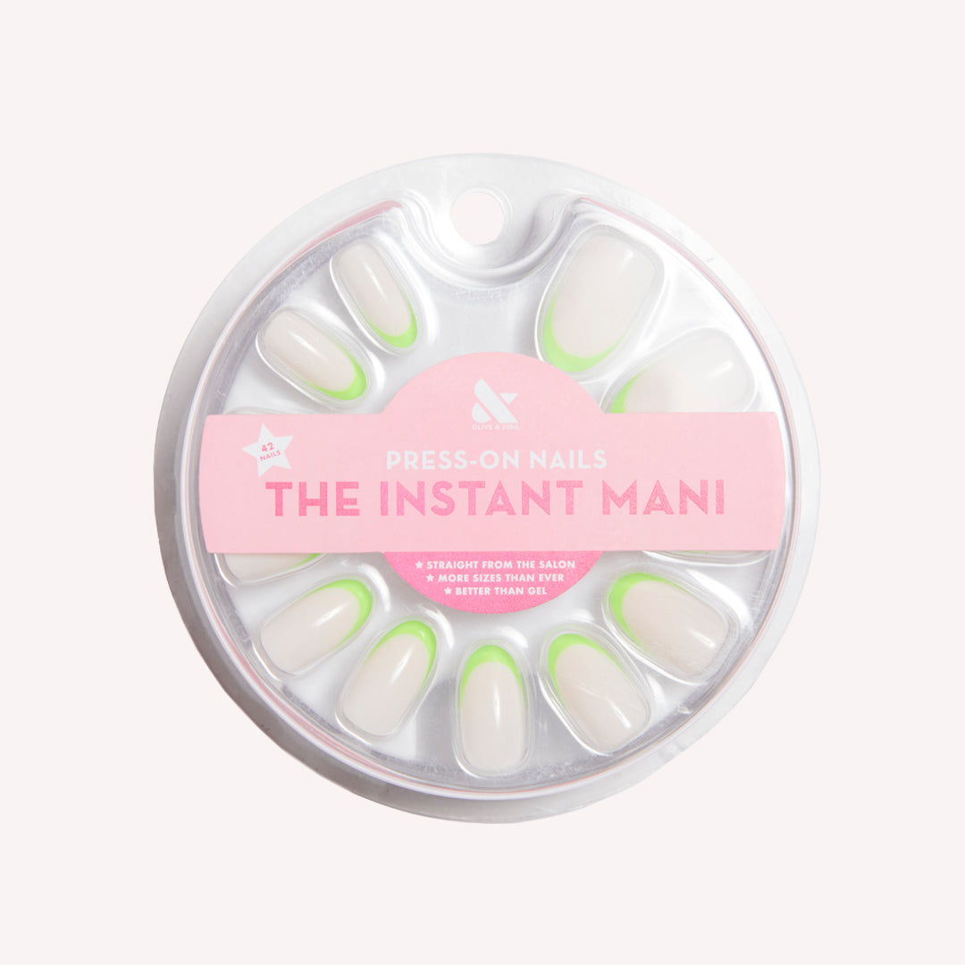Neon Lime French | Oval | Medium press-on nails with neutral base and bright neon lime tips for easy at-home manicure