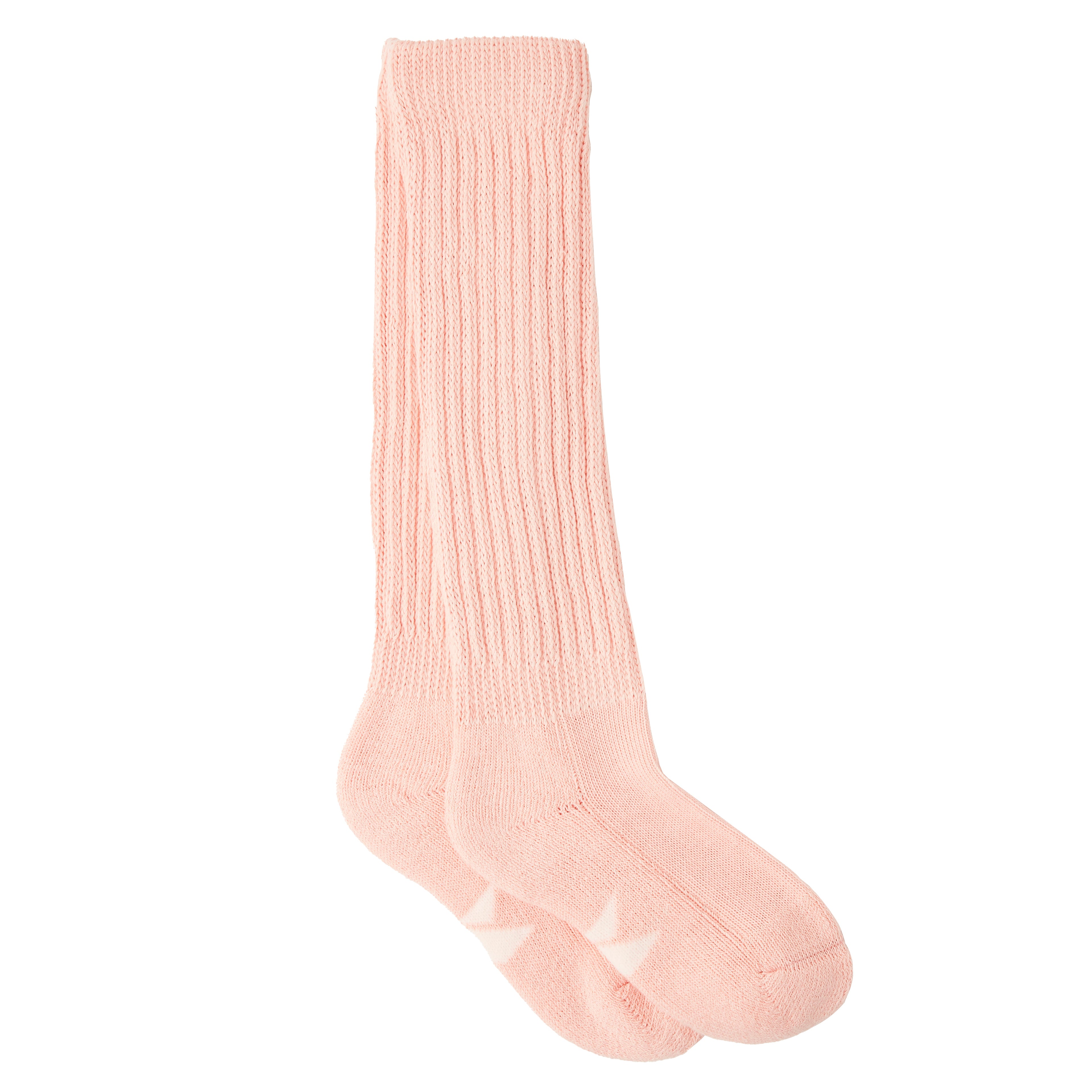 Pair of Peach Cozy Socks with ribbed knit texture laid flat on white background for pedicure moisture lock-in