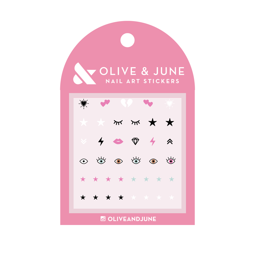 Package of EYE LOVE YOUR MANI nail art stickers featuring lashes, eyes, stars, hearts, and lightning bolt designs