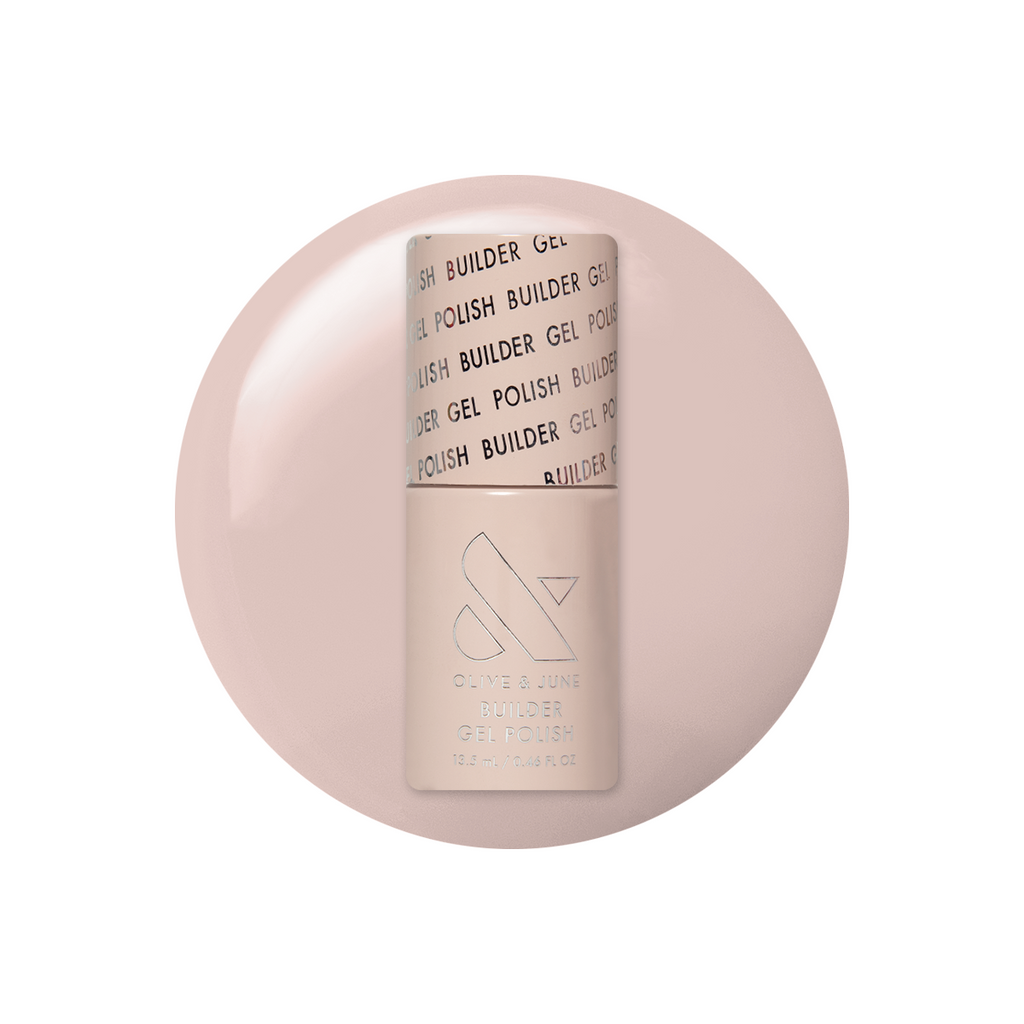 Cashmere Kiss - Builder Gel bottle on a sheer greige gel polish swatch for smooth, sophisticated manicure looks