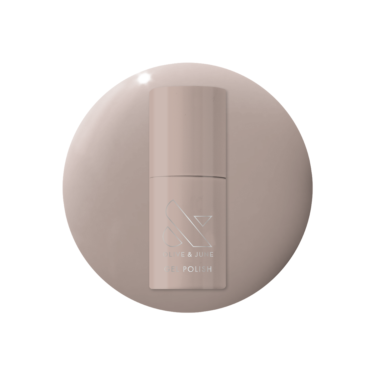 Bottle of AW - Gel nail polish in warm toned grey on matching circular polish swatch background