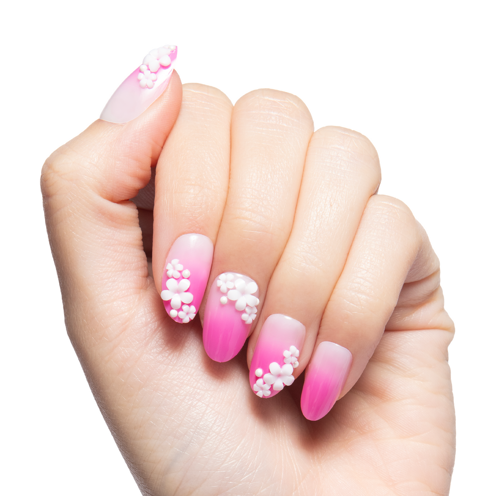 Pink Ombre with Flower Gems - Press On | Medium | Oval