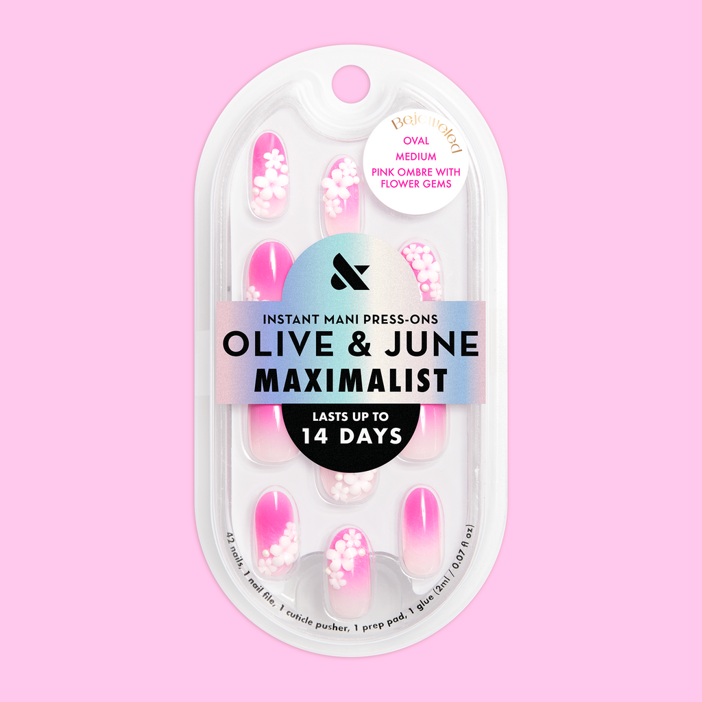 Pink Ombre with Flower Gems - Press On | Medium | Oval