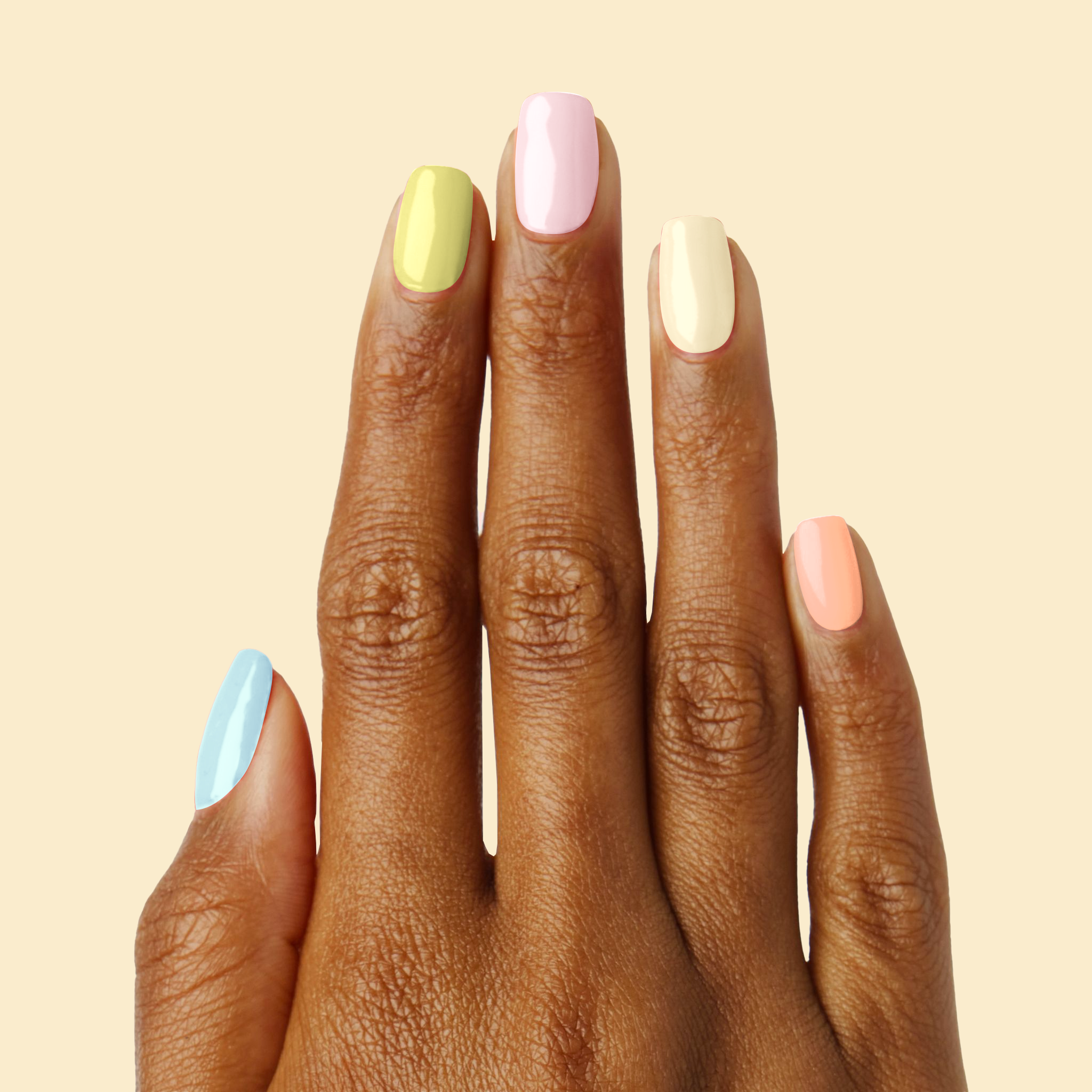 Tutti Frutti pastel multi-color manicure on natural nails with a smooth, long-lasting polish finish for at home mani care