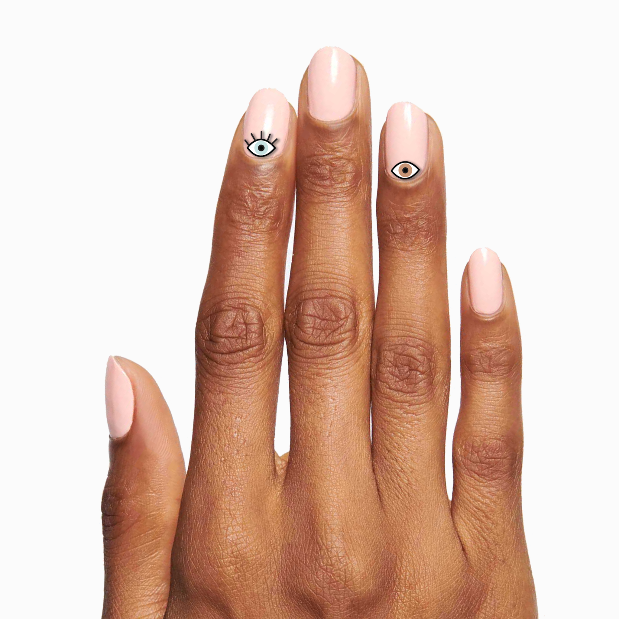 Hand with nude manicure featuring EYE LOVE YOUR MANI nail art stickers of eyes and lashes on medium skin tone
