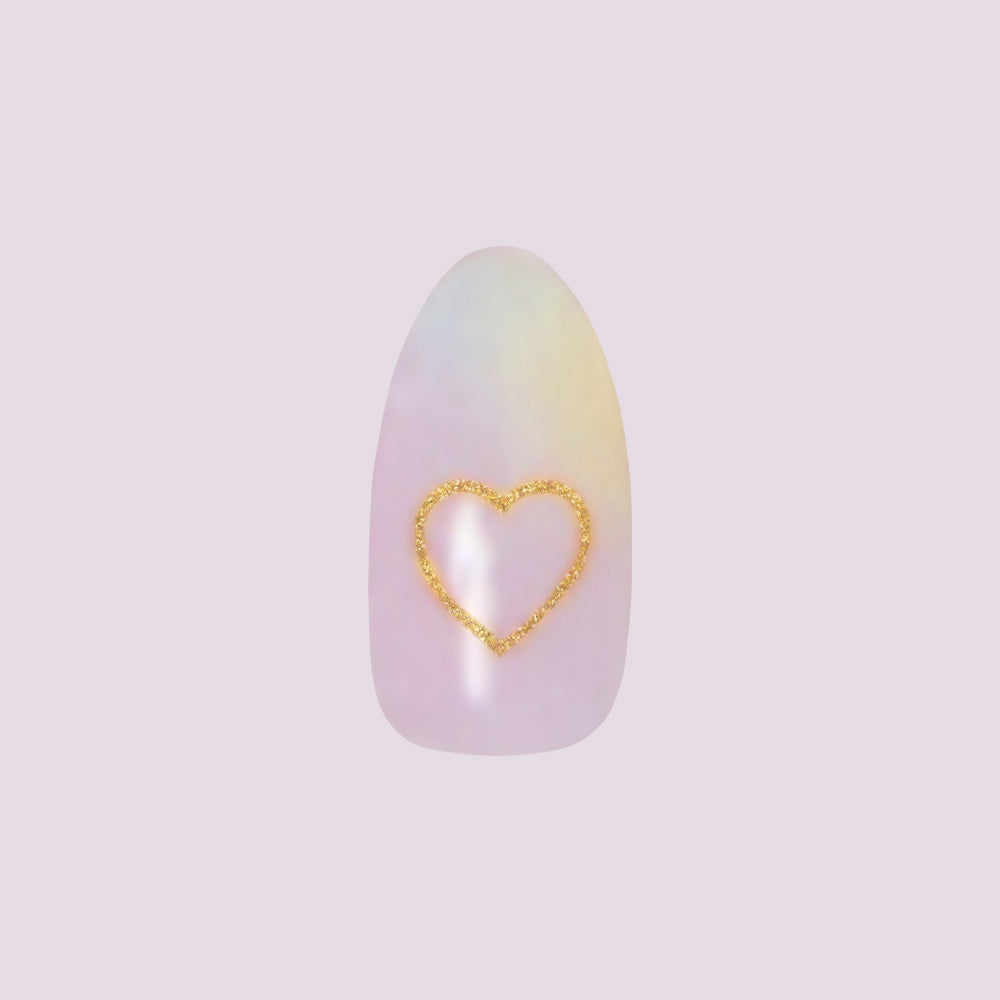 Glitter Heart Ombre | Almond | Medium press-on nail with soft rainbow fade and gold glitter heart outline design