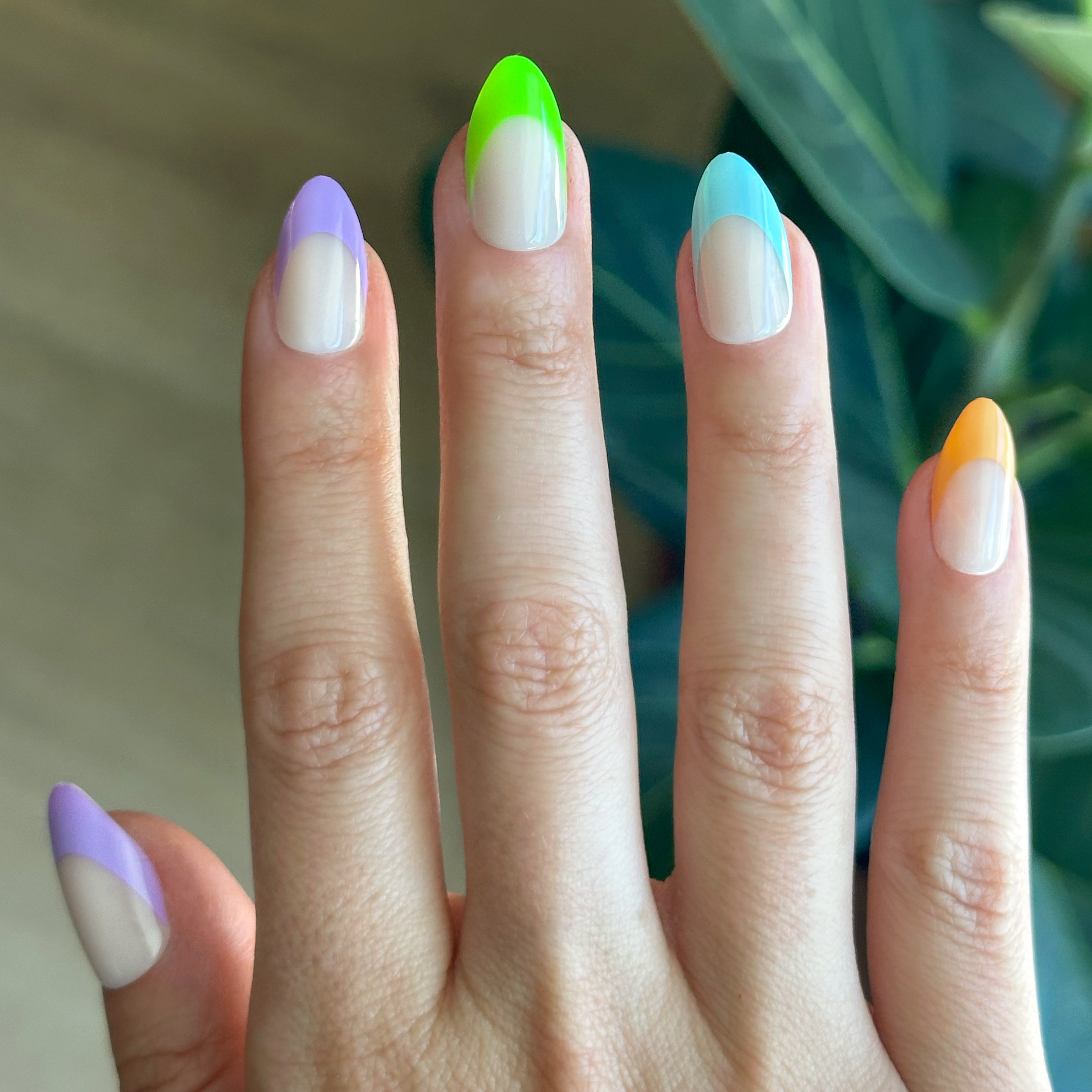 Pastel Neon French - Press-On | Medium | Almond with multi-colored pastel neon tips for vibrant and easy at-home manicure