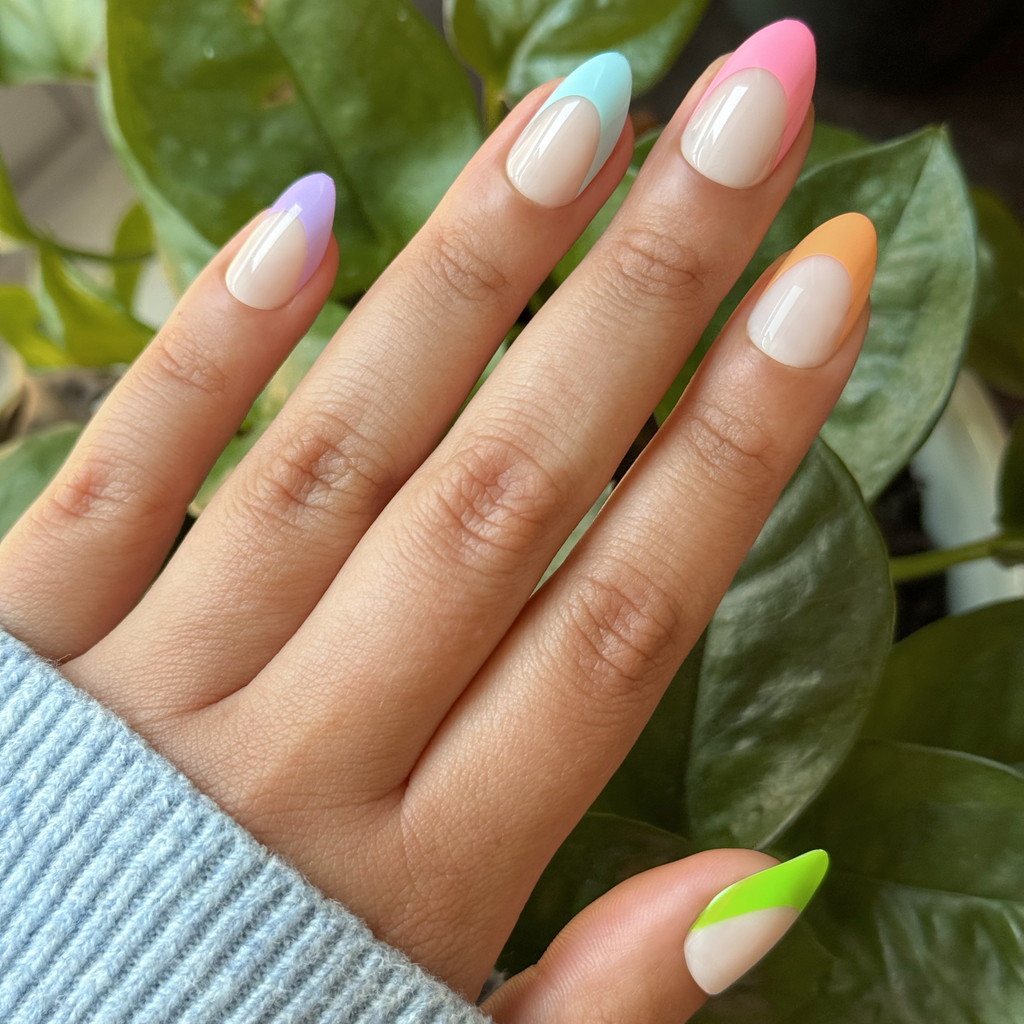Pastel Neon French - Press-On | Medium | Almond with multi pastel neon tips for colorful and easy at-home manicure