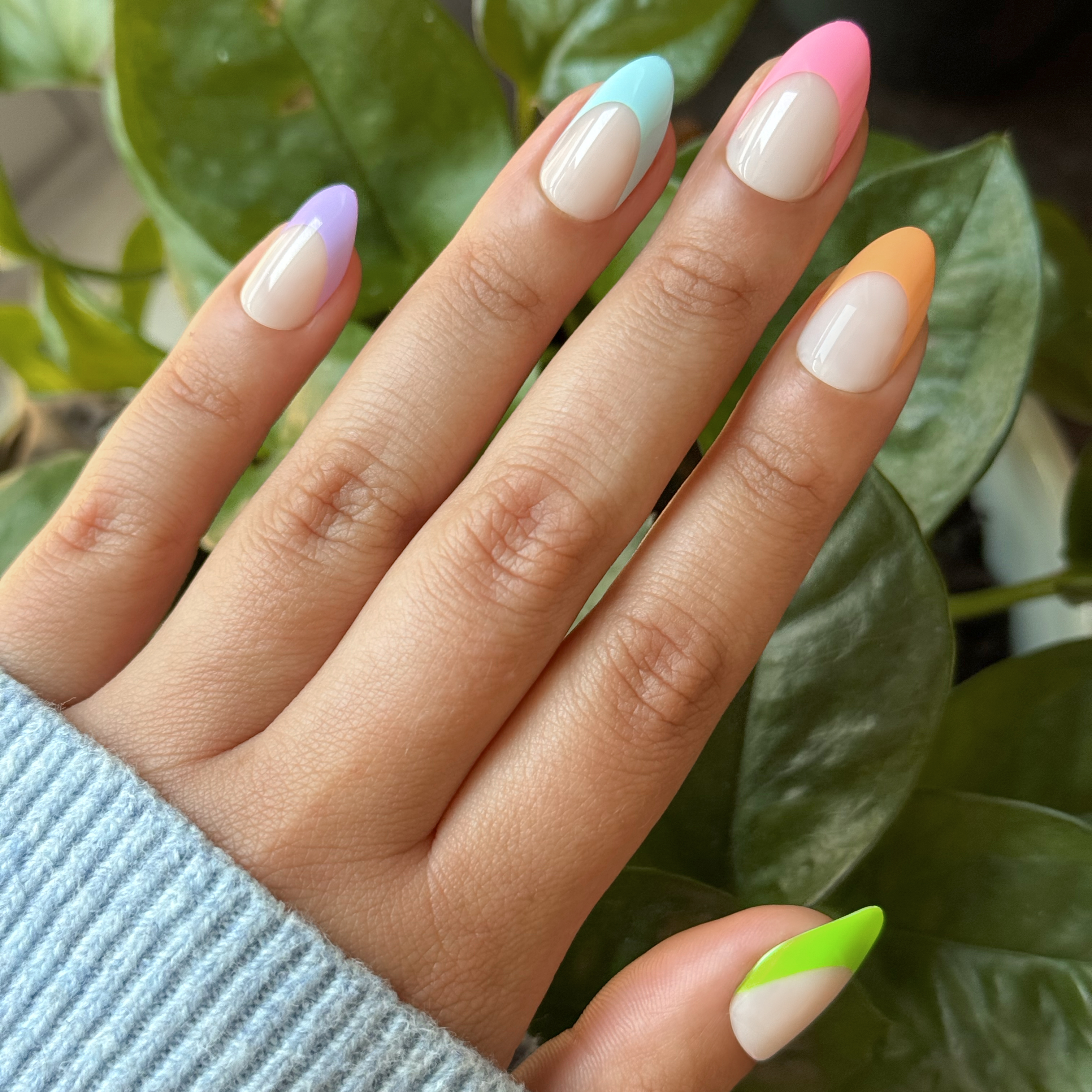 Pastel Neon French - Press-On | Medium | Almond with multi pastel neon tips for colorful and easy at-home manicure