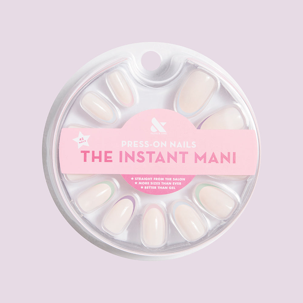 Pastel Rainbow French - Press-On | Medium | Oval nails with subtle pastel tips on milky white base for an easy mani