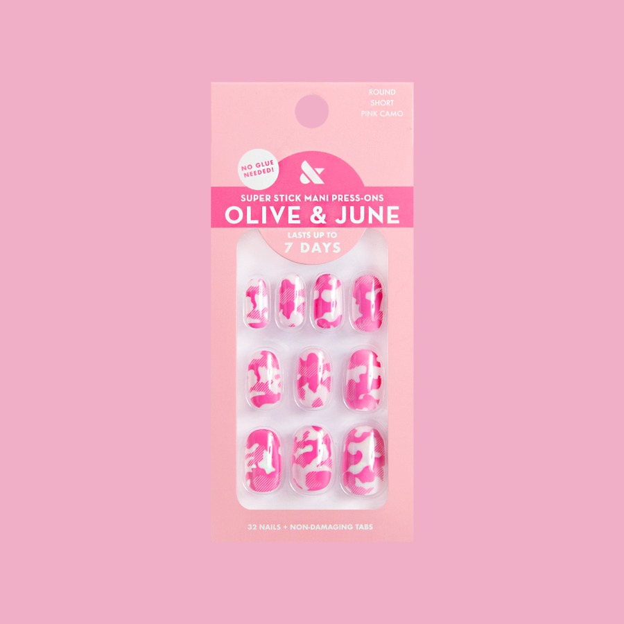 Pink Camo - Tab Press-On | Short | Round nails with tonal pink camo print for easy at-home mani by Olive and June