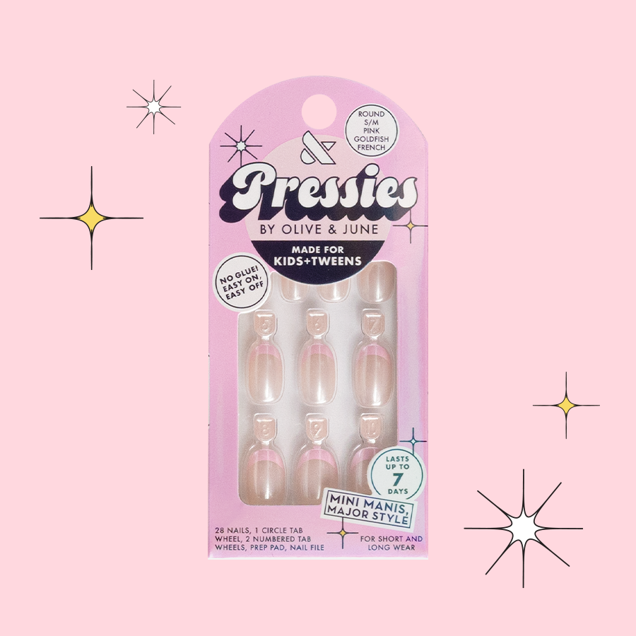 Pink Goldfish French - Pressies | Short Medium | Round showing iridescent pink goldfish tip press on nails in packaging on pink background