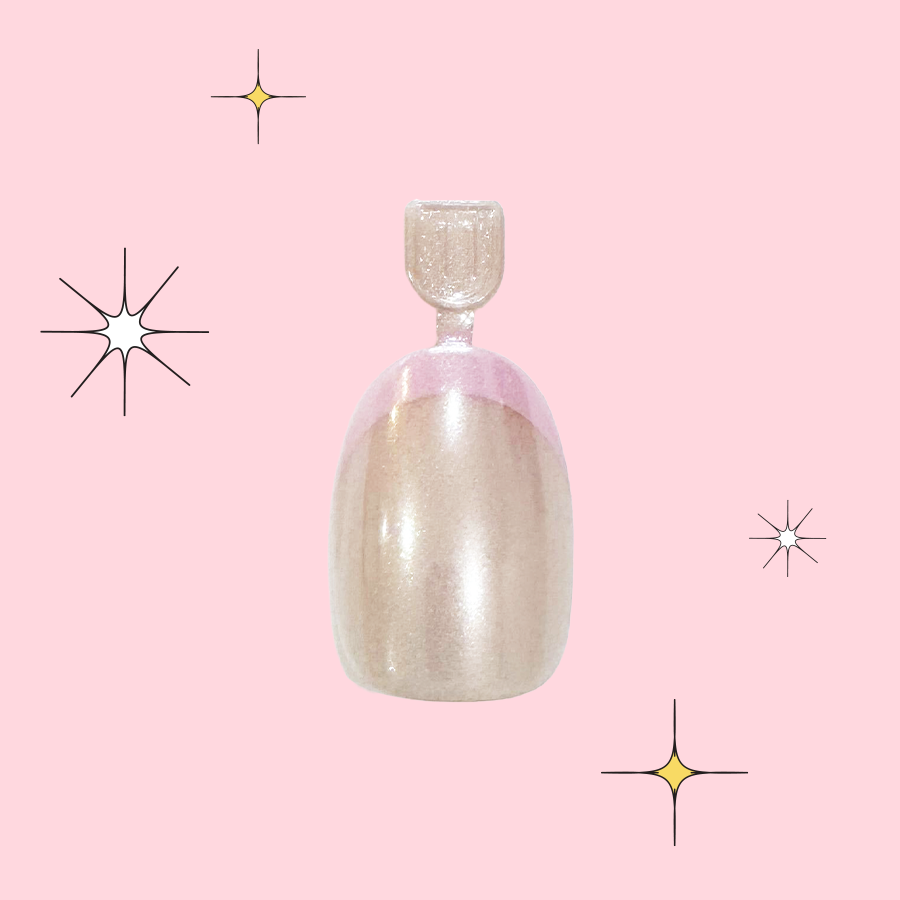 Pink Goldfish French - Pressies | Short Medium | Round showing iridescent neutral press on nail with pink tip on pink background