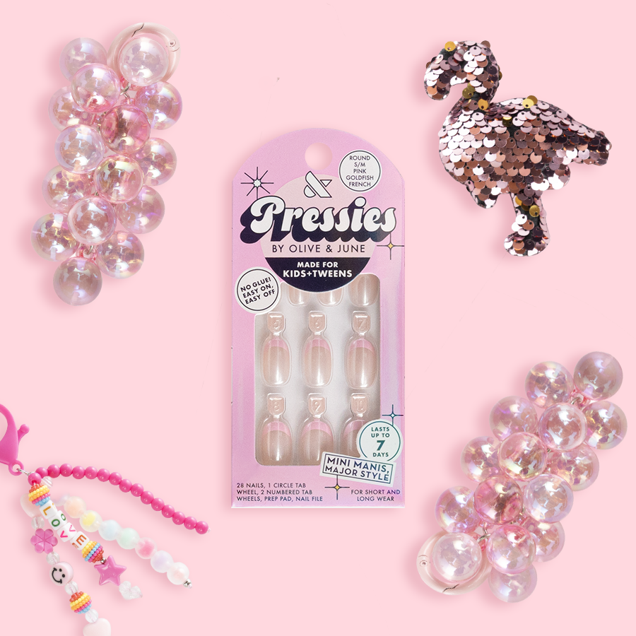 Pink Goldfish French - Pressies | Short Medium | Round showing iridescent pink goldfish tip press on nails in packaging on light pink background