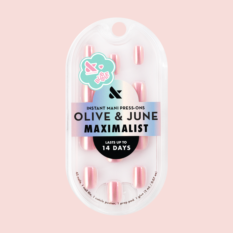 Pink Rainbow Chrome - Press-On | Extra Short | Squoval iridescent false nails in bubble-inspired packaging on pink background