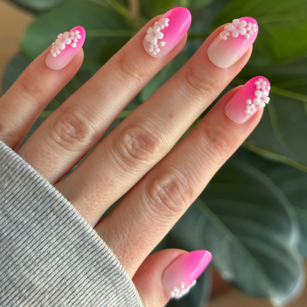 Pink Ombre with Flower Gems - Press On | Medium | Oval