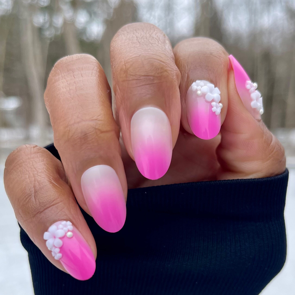 Pink Ombre with Flower Gems - Press On | Medium | Oval