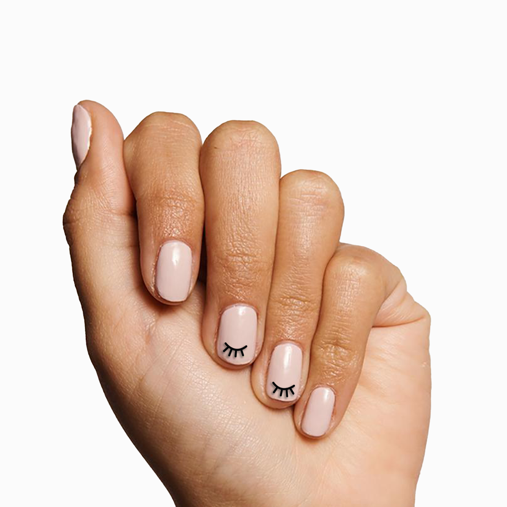 Hand with light nude manicure featuring EYE LOVE YOUR MANI nail art stickers of closed eyelash designs on medium skin tone