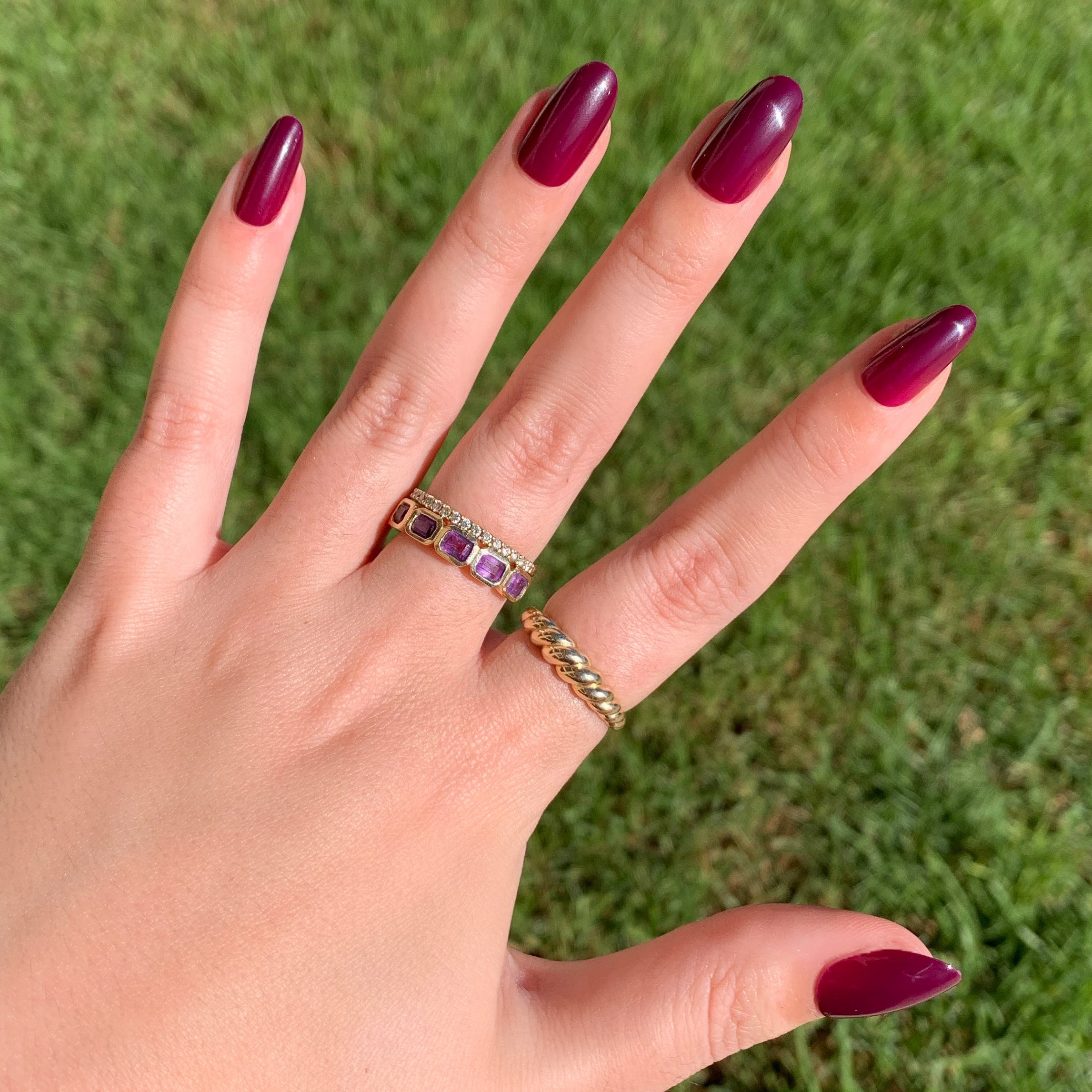 Plaza | Oval | Medium press-on manicure with deep mulberry purple oval nails for an elegant at-home mani
