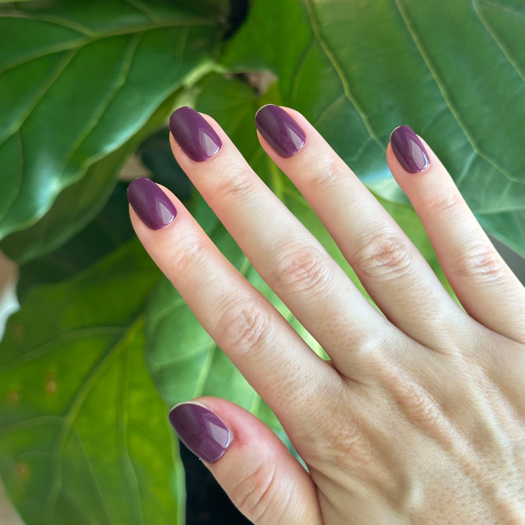 Hand displaying extra short round false nails in dark purple shade Who Likes Raisins? - Press-On | Extra Short | Round