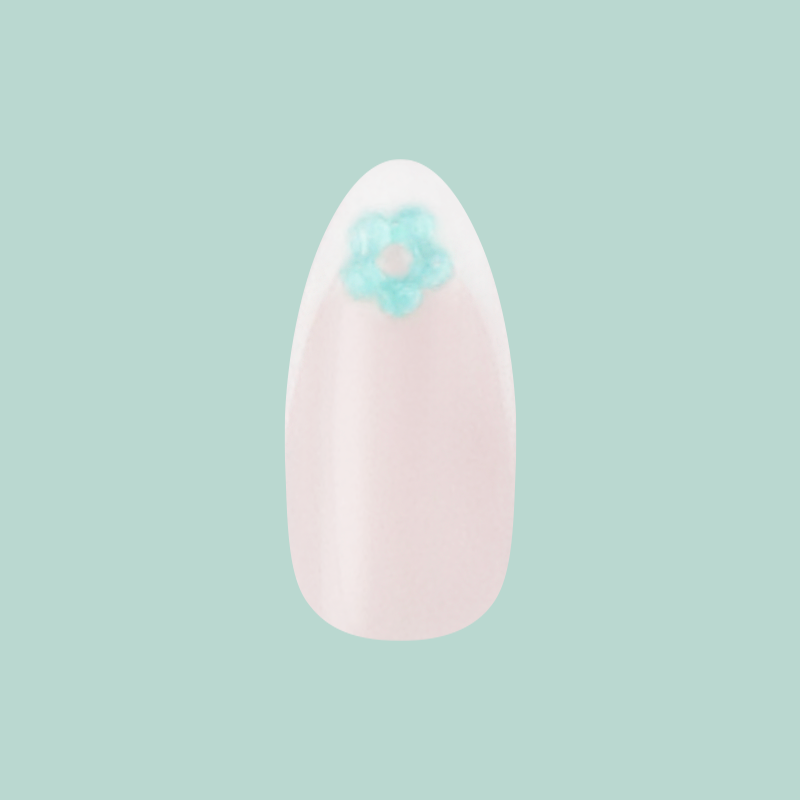 Puffy Flower Chrome French - Press-On | Medium | Almond false nail with pastel blue puffy floral detail for easy at-home mani