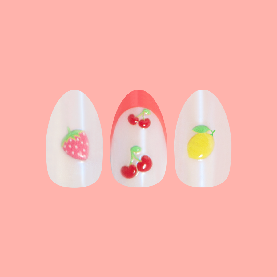 Puffy Fruits - Press-On | Medium | Oval featuring iridescent nails with 3D strawberry, cherry, and lemon designs for at-home mani