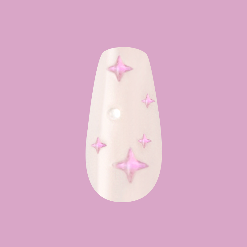Puffy Sparkles & Pearls - Press-On | Medium | Coffin with neutral base and 3D pink sparkle accents on lavender background