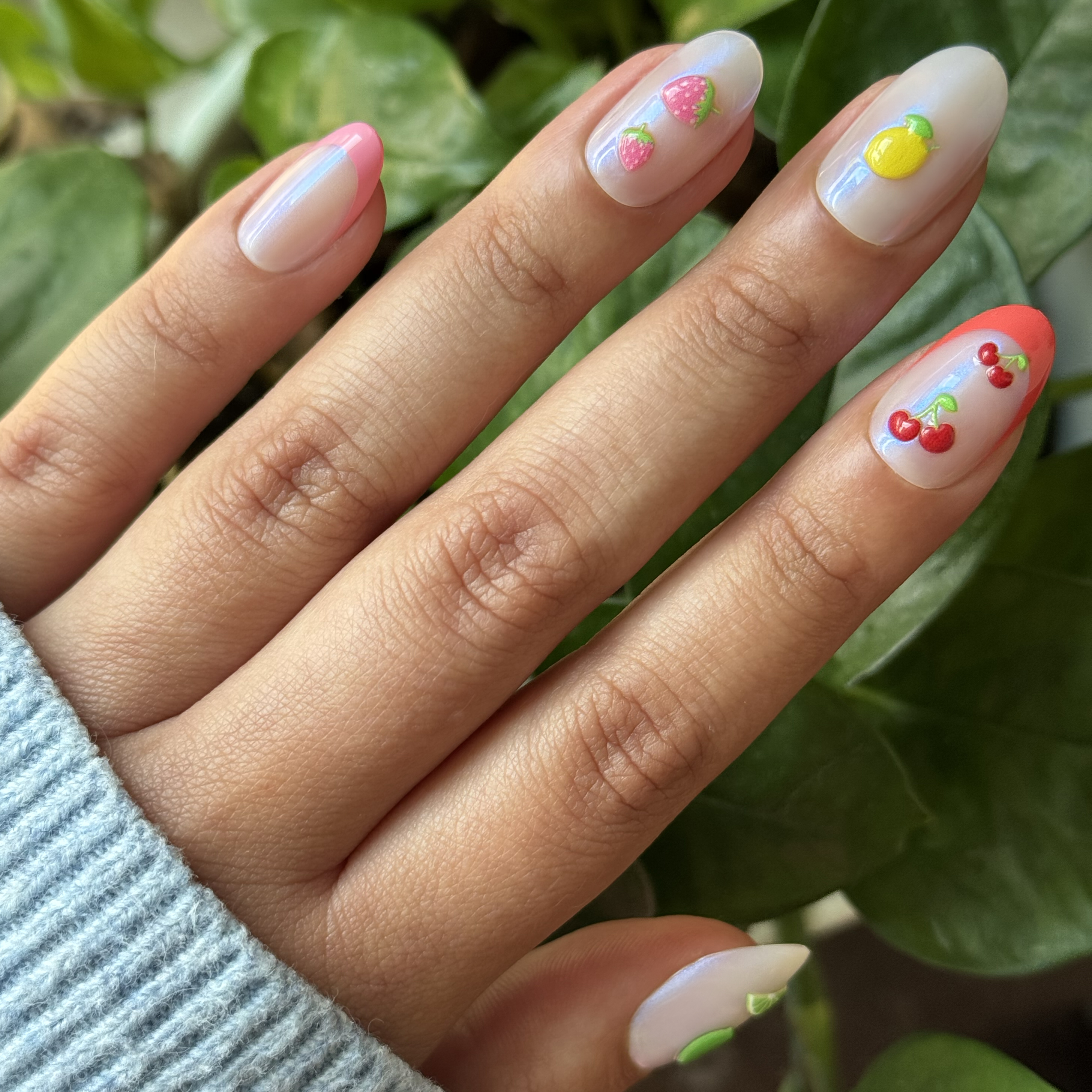 Puffy Fruits - Press-On | Medium | Oval iridescent medium oval press-on nails with 3D fruit designs for easy at-home mani