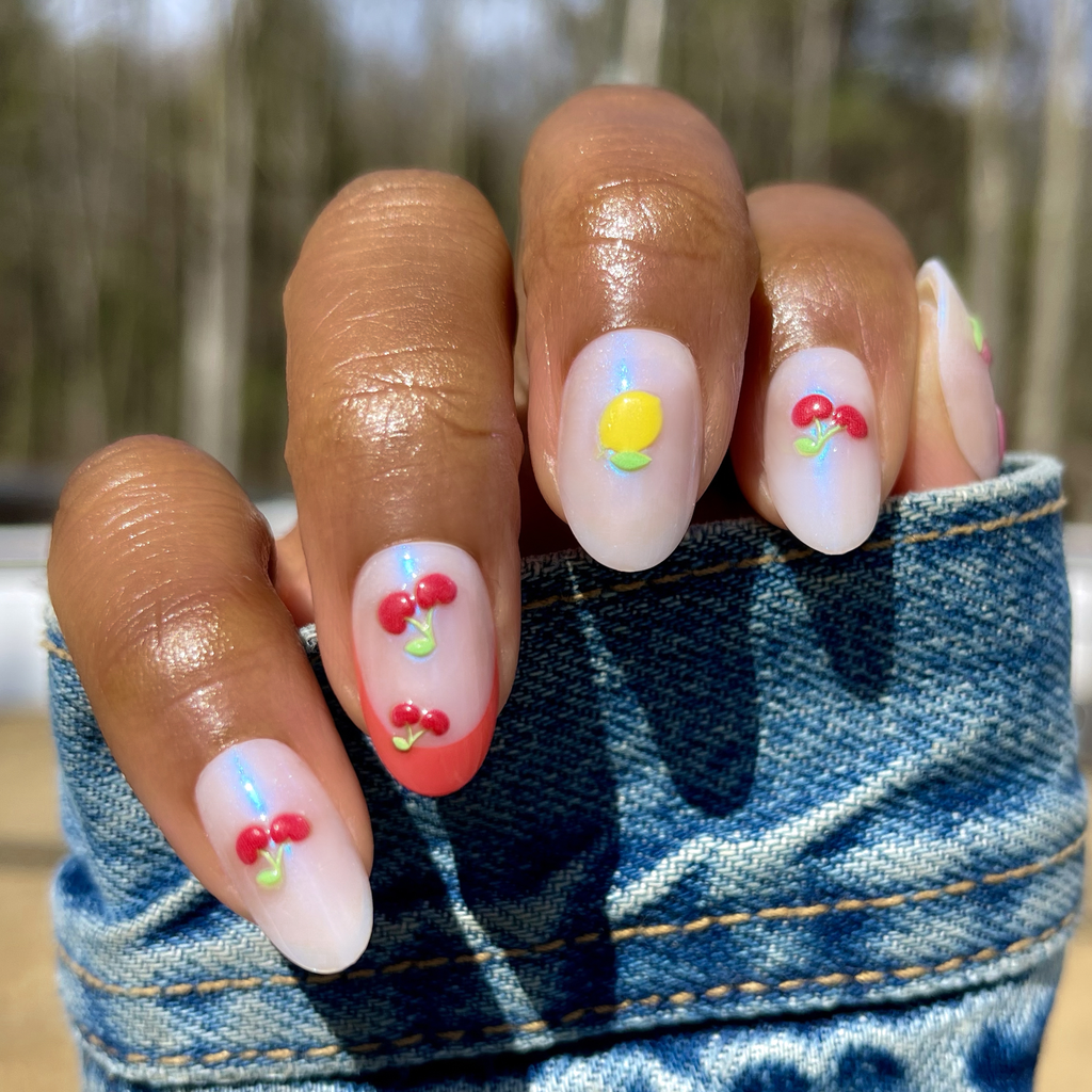 Puffy Fruits - Press-On | Medium | Oval iridescent nails with 3D cherry and lemon fruit designs for easy at-home manicure