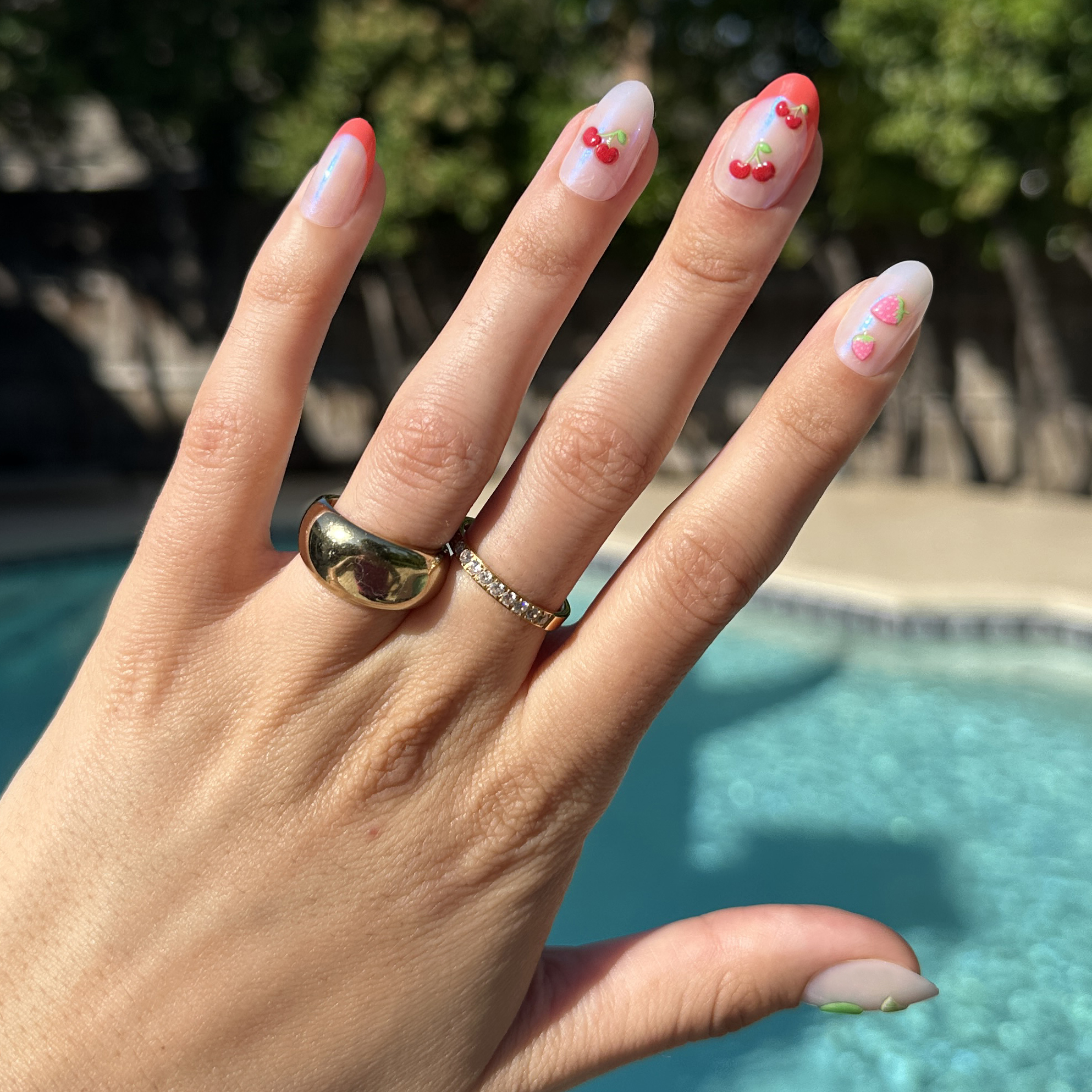 Puffy Fruits - Press-On | Medium | Oval medium oval iridescent press-on nails with 3D puffy cherry and strawberry designs