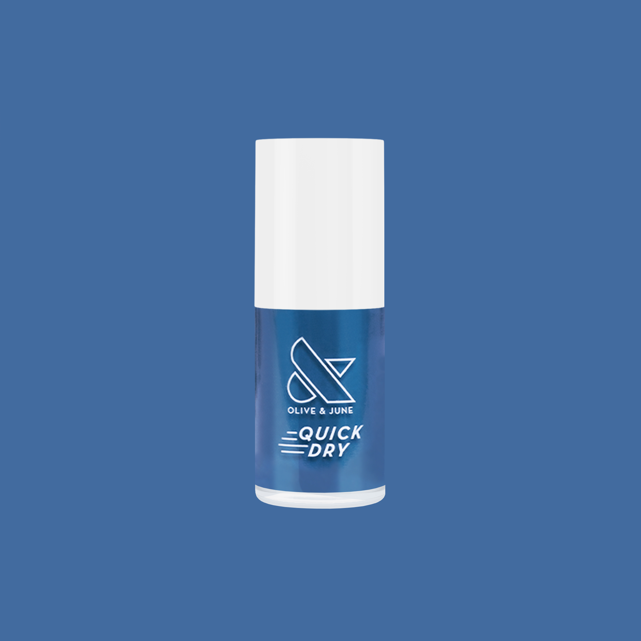 Olive and June Bodysuit quick dry gel polish bottle in deep cool teal shade against solid blue background