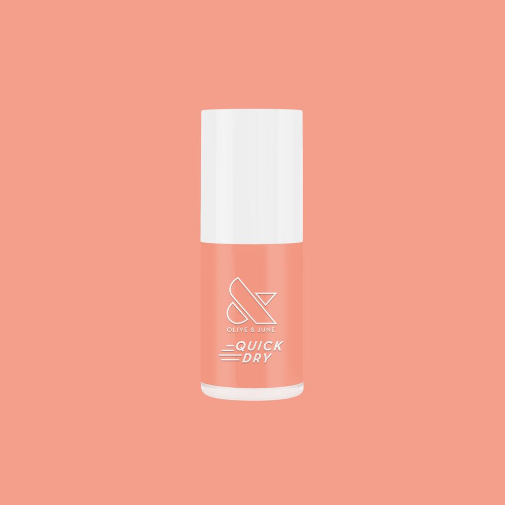Bottle of Melon quick dry nail polish in bright juicy cantaloupe orange shade on a matching background