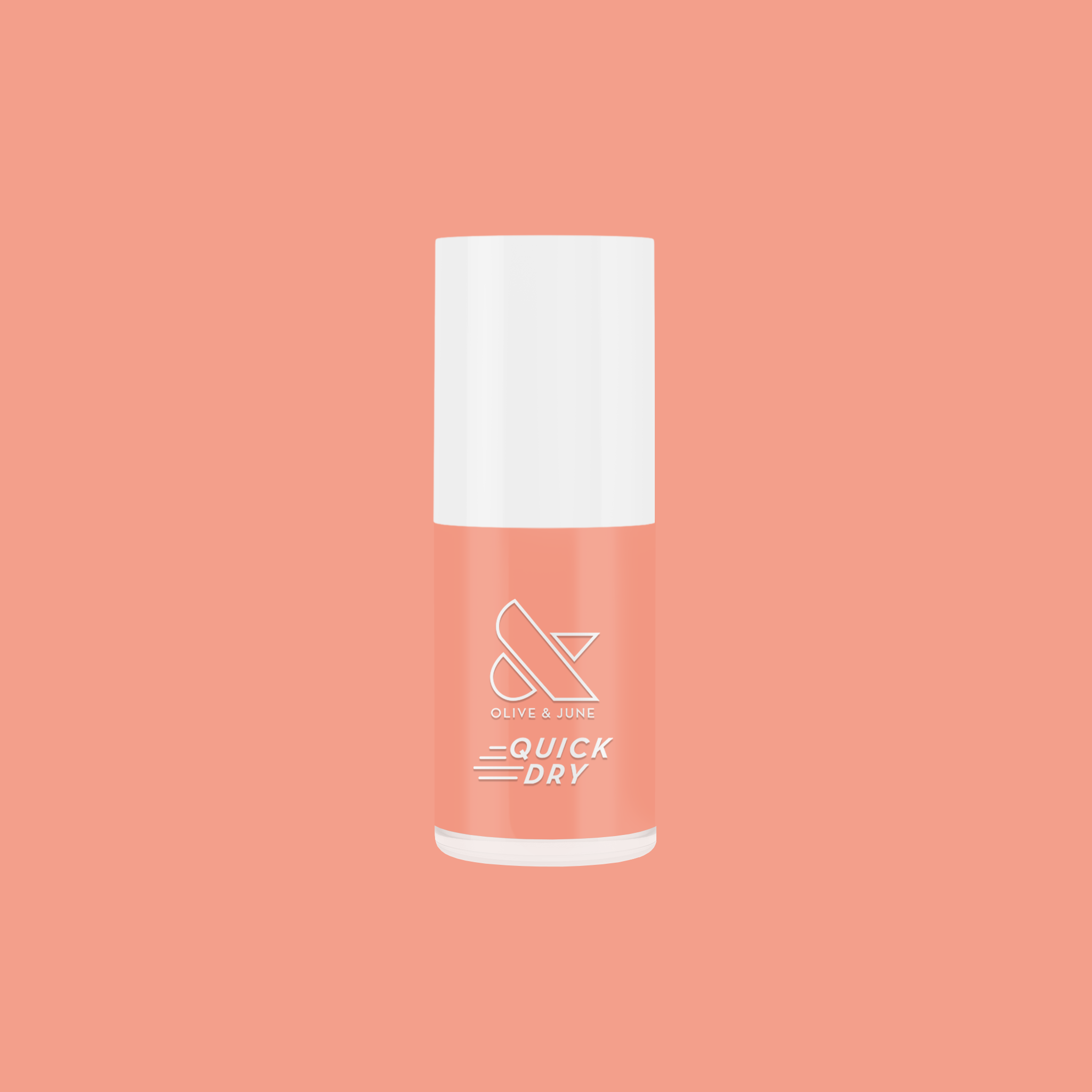 Bottle of Melon quick dry nail polish in bright juicy cantaloupe orange shade on a matching background