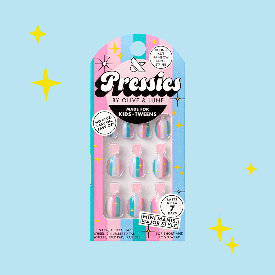 Rainbow Super Stripes - Pressies | Extra Short Short | Round showing colorful striped press on nails in packaging with sparkle accents on blue background