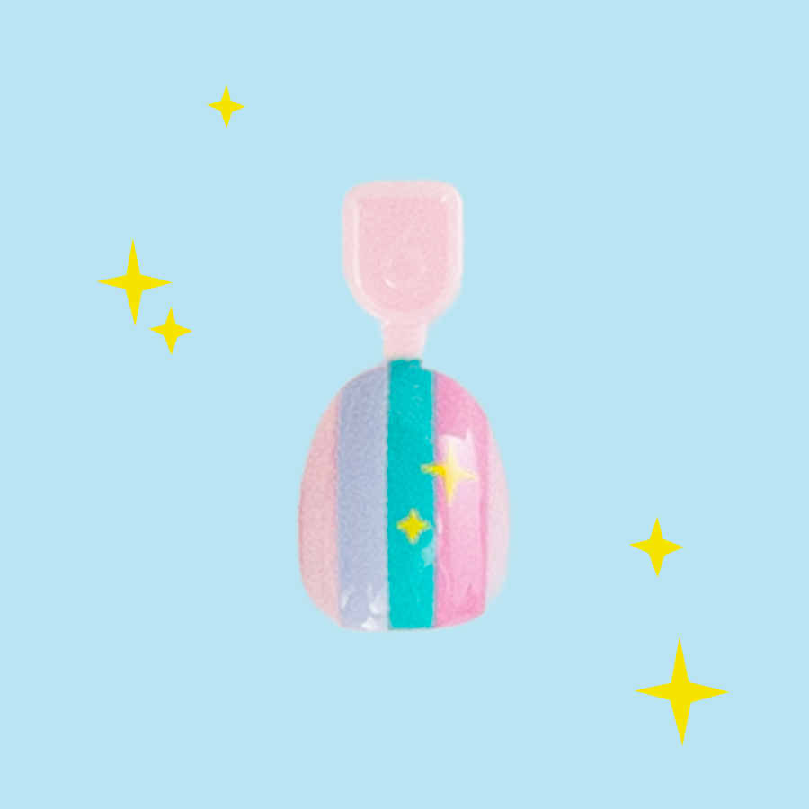 Rainbow Super Stripes - Pressies | Extra Short Short | Round showing a pastel stripe press-on nail with sparkle on blue background