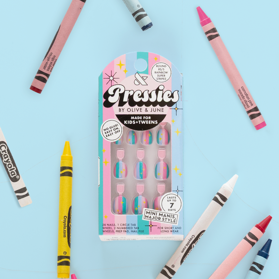 Rainbow Super Stripes - Pressies | Extra Short Short | Round displaying colorful rainbow striped press on nails in packaging with sparkle details