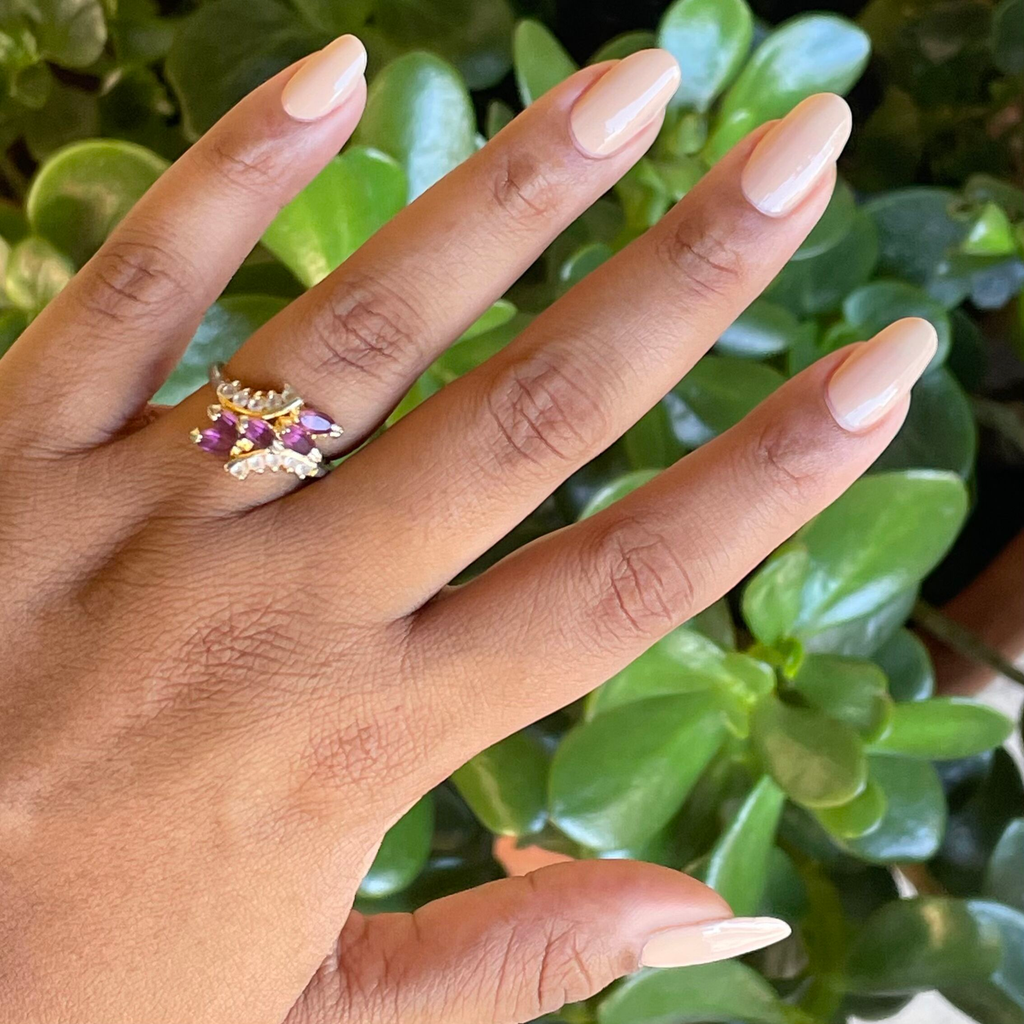Real Toasty gel polish on nails showing a smooth toasted neutral beige shade for a cozy at-home manicure.