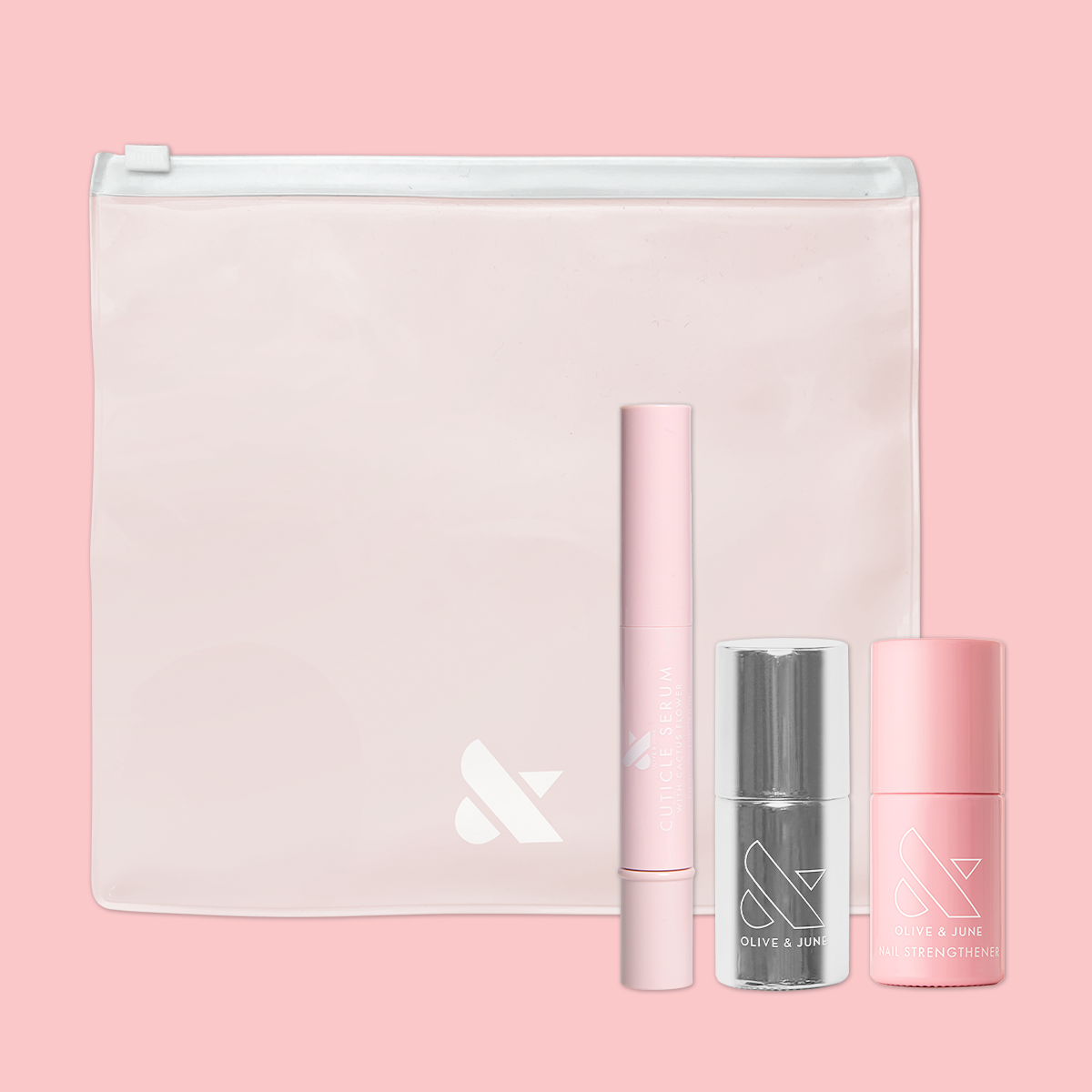 Rescue Kit with cuticle serum, nail strengthener, glossy top coat, and pink pouch for on-the-go nail care