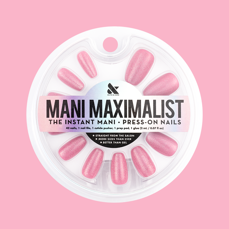 Rose Velvet - Press-On | Medium | Coffin showing shimmering pink velvet textured medium coffin press-on nails in round packaging