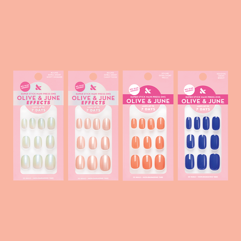 Spring/Summer ‘25 Super Stick Set with four sets of round false nails in soft green, nude, coral, and blue shades for easy at-home mani