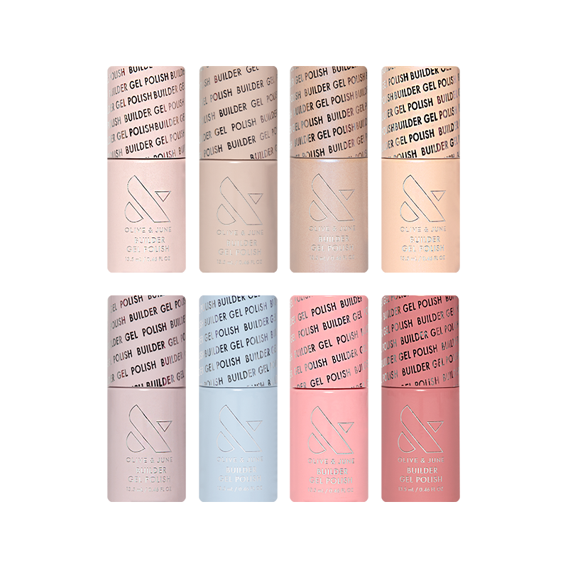 Shimmers + New Neutrals Builder Gel Polish Set with eight shades including icy blue, soft pinks, and golden shimmer tones