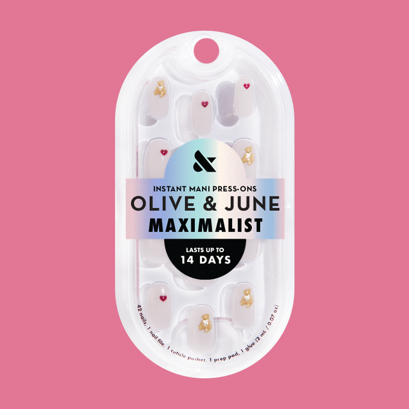 Tiny Teddy Hearts - Press On | Short | Round nails with pinky-beige base, tiny teddy bear and vampy heart accents for an easy mani