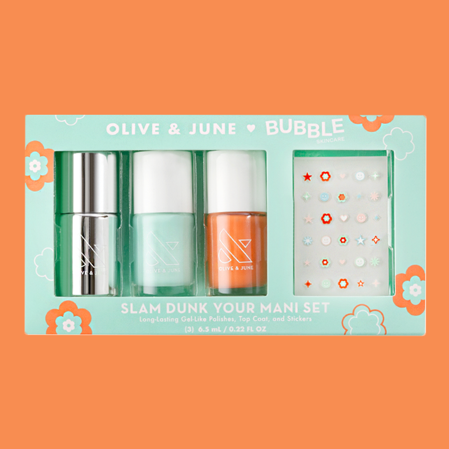 Slam Dunk Set with three long-lasting gel polishes, top coat, and colorful nail art stickers for easy at-home mani