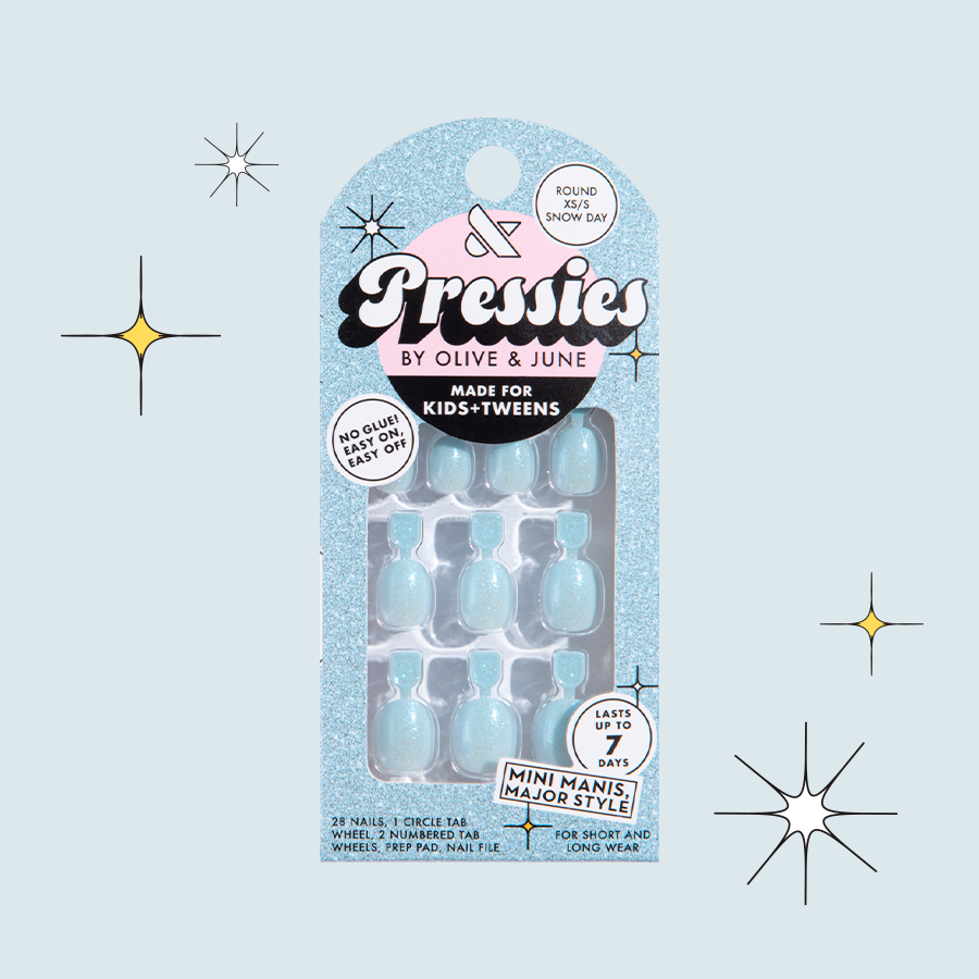 Snow Day - Pressies | Extra Short Short | Round showing pastel blue sparkly press-on nails in kid-friendly packaging