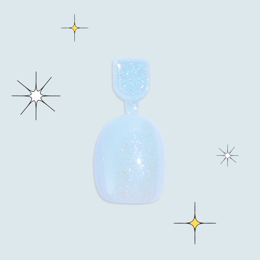 Snow Day - Pressies | Extra Short Short | Round showing sparkly pastel blue press-on nail with glitter accents on pale background