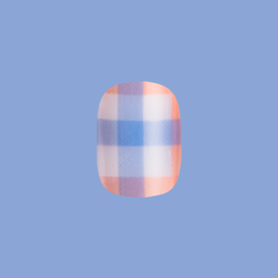 Soft Plaid - Press-On | Extra Short | Squoval with large plaid pattern in soft blue, orange, and white for an easy mani