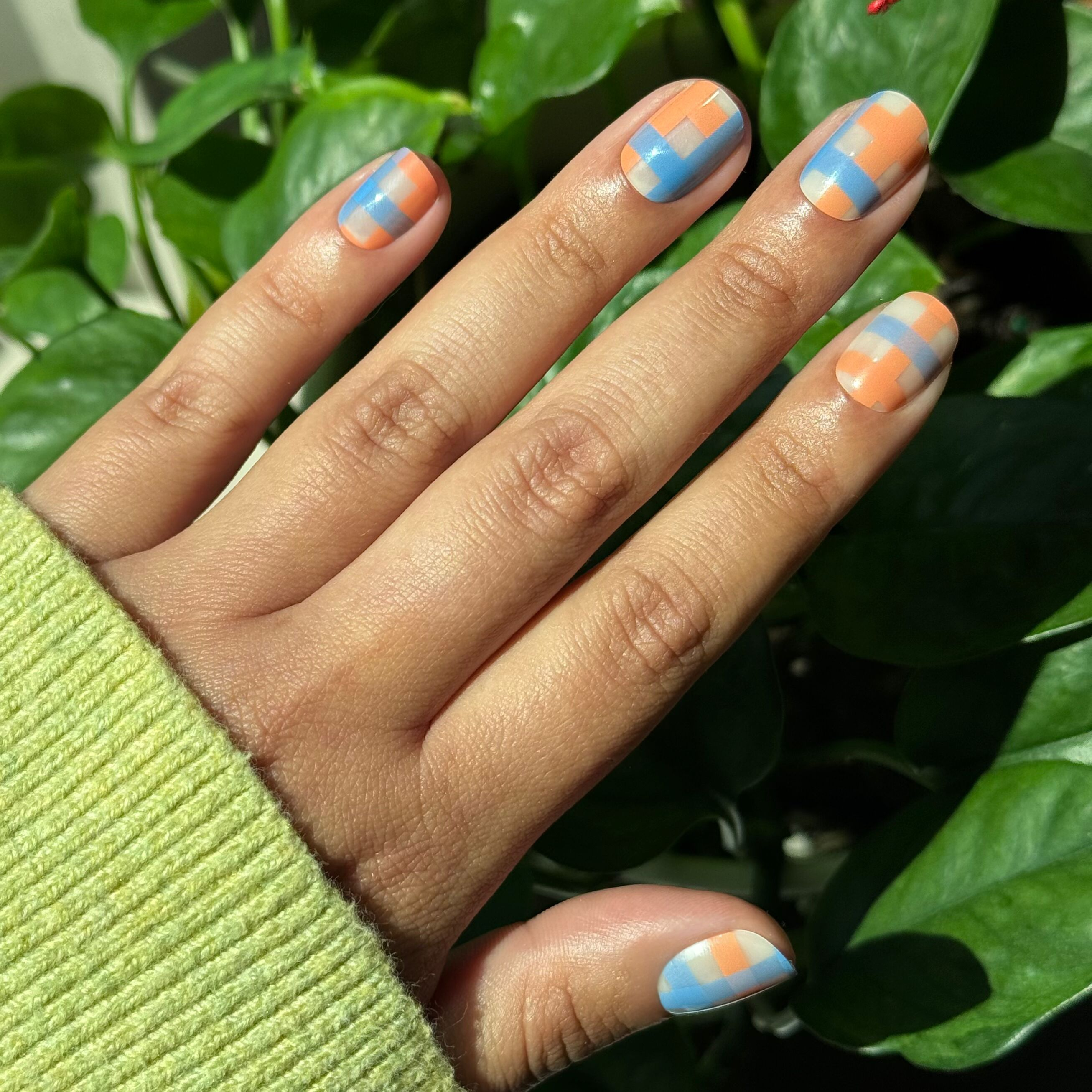 Soft Plaid - Press-On | Extra Short | Squoval nails with bold blue and orange block plaid pattern for a stylish mani