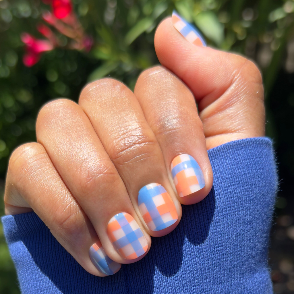 Soft Plaid - Press-On | Extra Short | Squoval with bold blue and orange macro plaid print for an at-home mani
