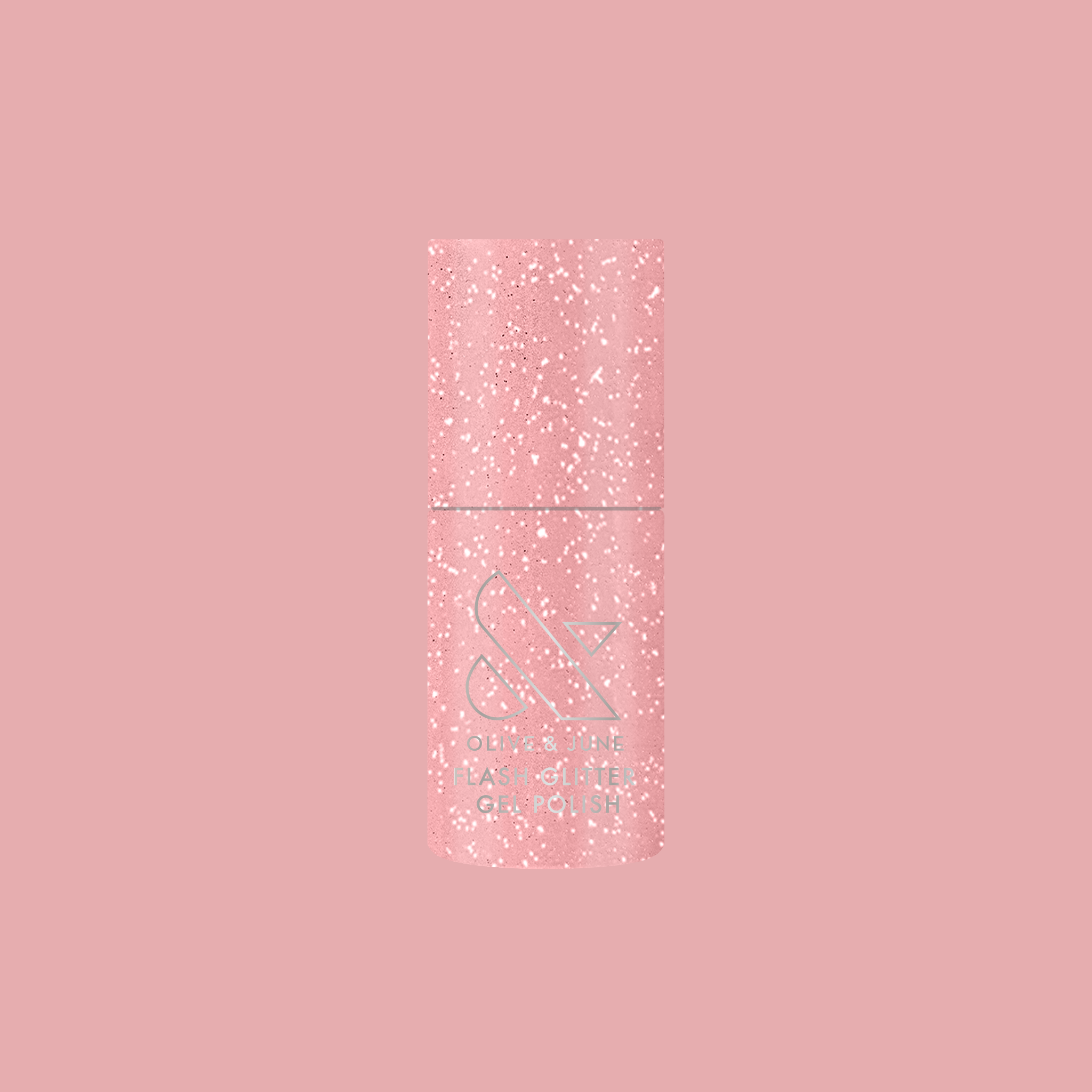 Sparkly Pink Drink Gel bottle with blush pink flash glitter gel polish on soft pink background